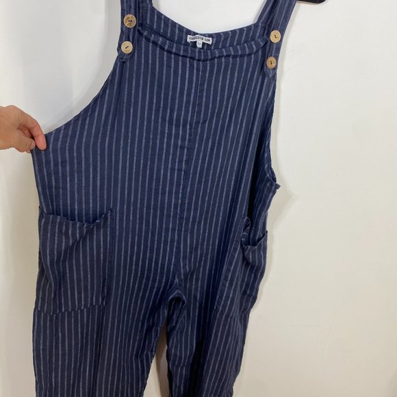 Couleur Lin Linen Blue stripped Jumpsuit cropped Overalls , European Size 50 - Picture 2 of 6